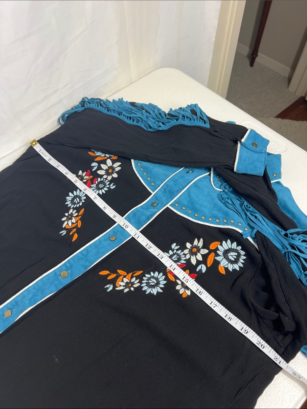 John Moon Sz XL Button Shirt Fringe Embroidered Black & Teal Cowgirl Western - Picture 8 of 12